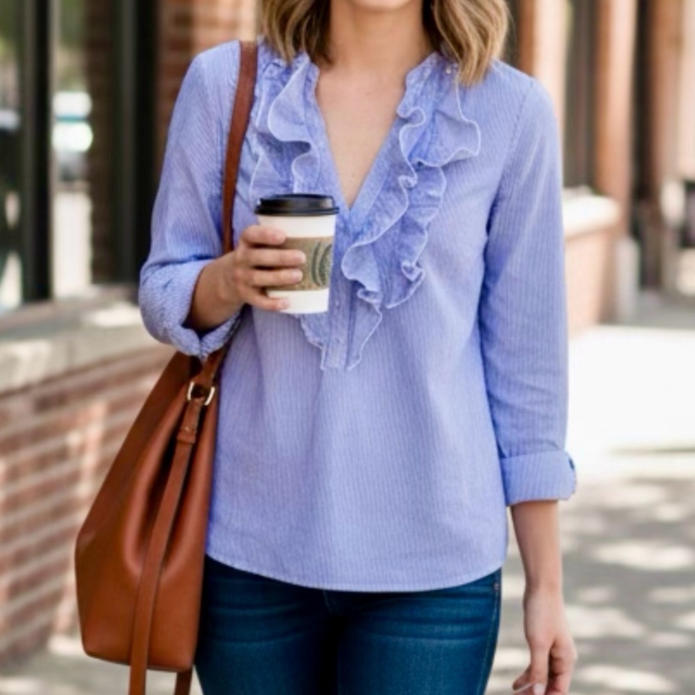 Women’s Ann Taylor Loft Stylish Blue Ruffle front Blouse top size Medium